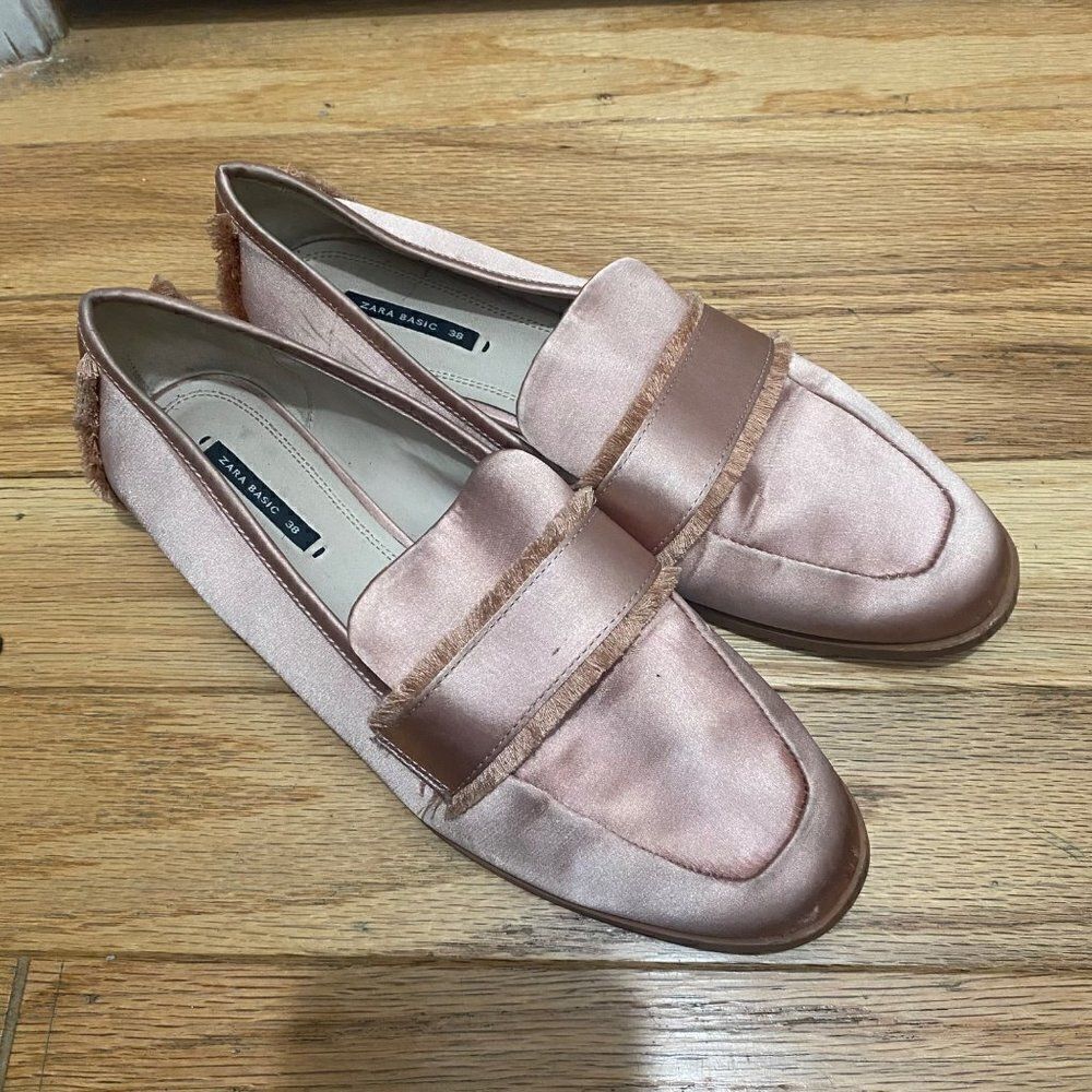 Zara women's pink satin slip on loafer flats size 38